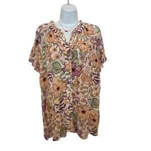 Dear John Floral Button-Front Blouse Lightweight Short Sleeve Ruffle Collar, L‎